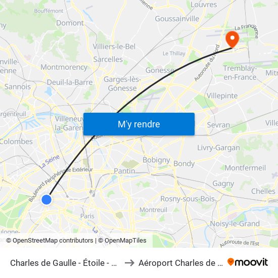 Charles de Gaulle - Étoile - Wagram to Aéroport Charles de Gaulle map