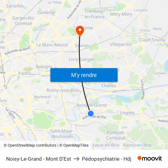 Noisy-Le-Grand - Mont D'Est to Pédopsychiatrie - Hdj map