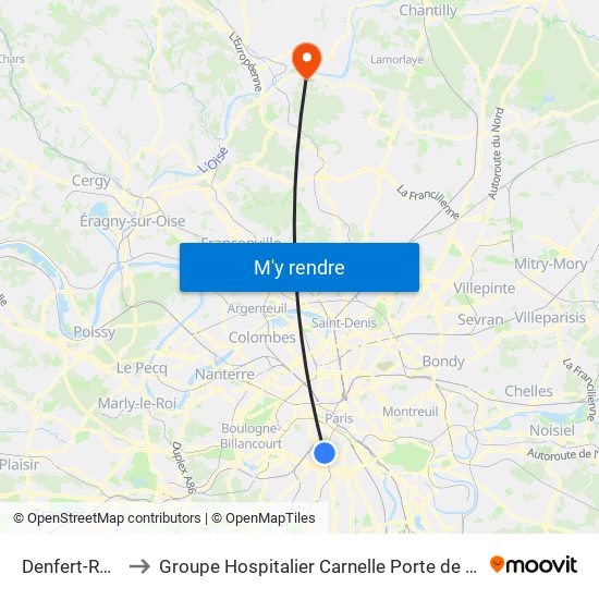 Denfert-Rochereau to Groupe Hospitalier Carnelle Porte de L'Oise - Site Les Oliviers map