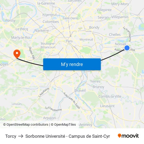 Torcy to Sorbonne Université - Campus de Saint-Cyr map