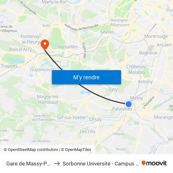 Gare de Massy-Palaiseau to Sorbonne Université - Campus de Saint-Cyr map