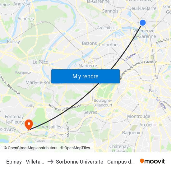 Épinay - Villetaneuse to Sorbonne Université - Campus de Saint-Cyr map