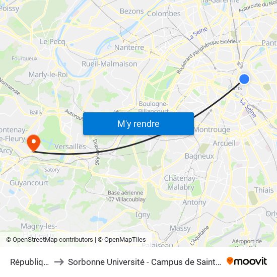 République to Sorbonne Université - Campus de Saint-Cyr map