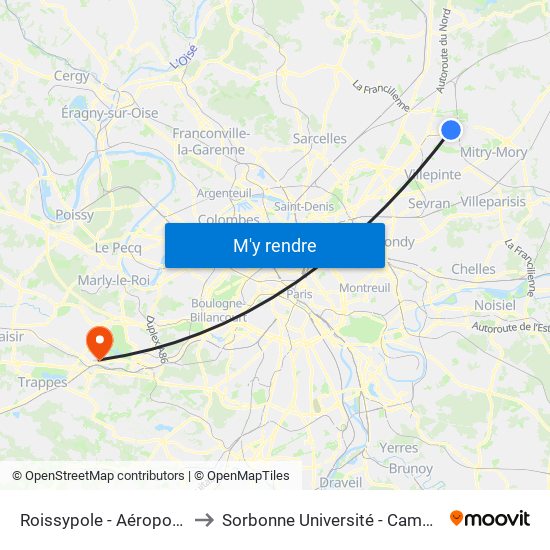 Roissypole - Aéroport Cdg1 (E2) to Sorbonne Université - Campus de Saint-Cyr map