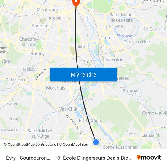 Évry - Courcouronnes to École D'Ingénieurs Denis-Diderot map