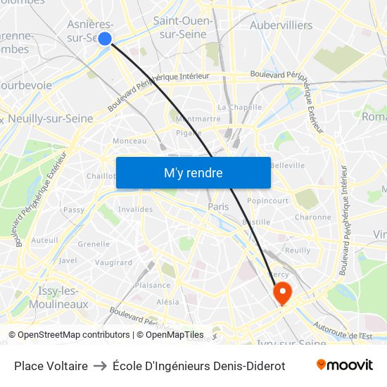 Place Voltaire to École D'Ingénieurs Denis-Diderot map