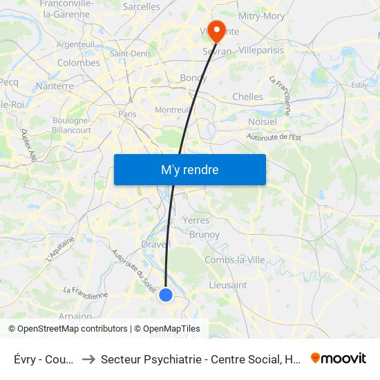 Évry - Courcouronnes to Secteur Psychiatrie - Centre Social, Hopital de Jour, Salle de Spectacle map