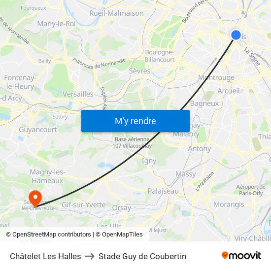 Châtelet Les Halles to Stade Guy de Coubertin map