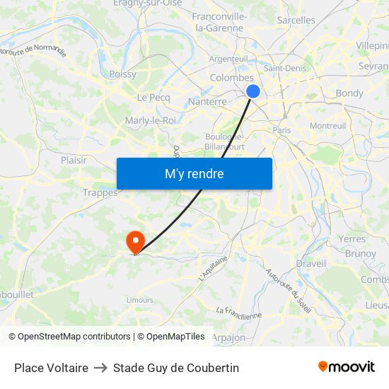 Place Voltaire to Stade Guy de Coubertin map