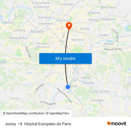 Juvisy to Hôpital Européen de Paris map