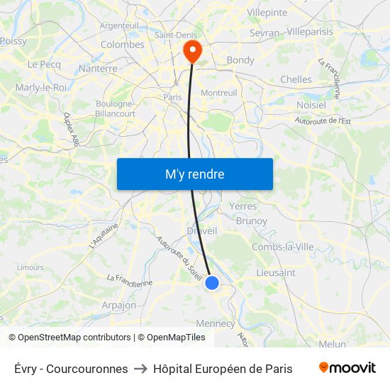 Évry - Courcouronnes to Hôpital Européen de Paris map