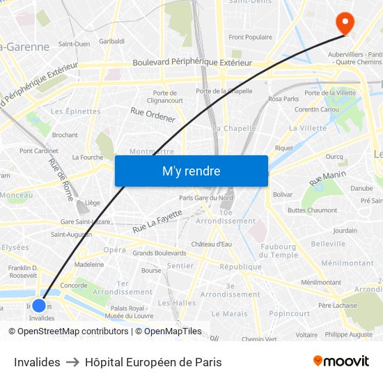 Invalides to Hôpital Européen de Paris map