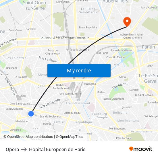 Opéra to Hôpital Européen de Paris map