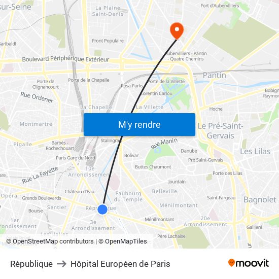 République to Hôpital Européen de Paris map