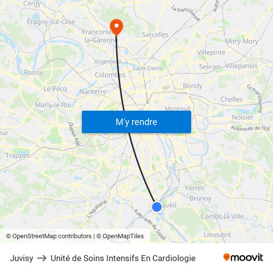 Juvisy to Unité de Soins Intensifs En Cardiologie map