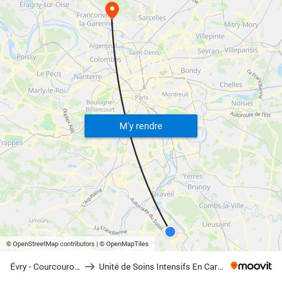 Évry - Courcouronnes to Unité de Soins Intensifs En Cardiologie map