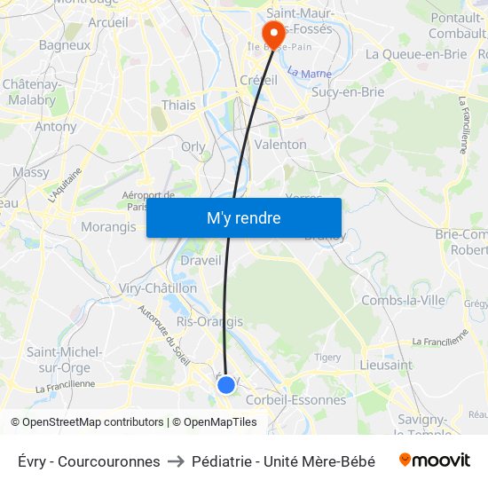 Évry - Courcouronnes to Pédiatrie - Unité Mère-Bébé map