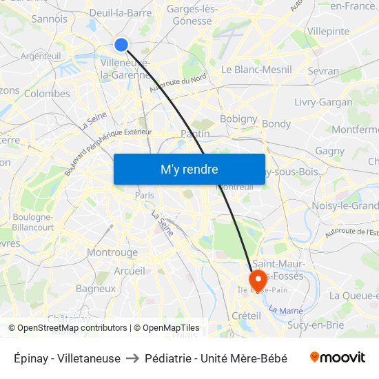 Épinay - Villetaneuse to Pédiatrie - Unité Mère-Bébé map