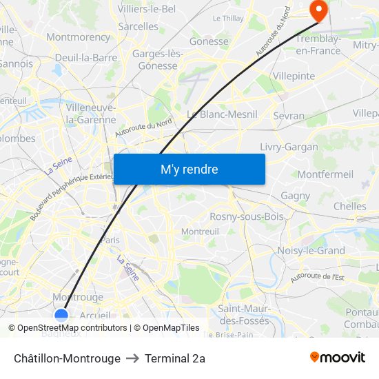 Châtillon-Montrouge to Terminal 2a map