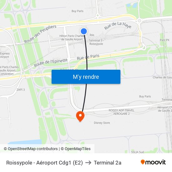 Roissypole - Aéroport Cdg1 (E2) to Terminal 2a map
