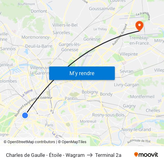 Charles de Gaulle - Étoile - Wagram to Terminal 2a map