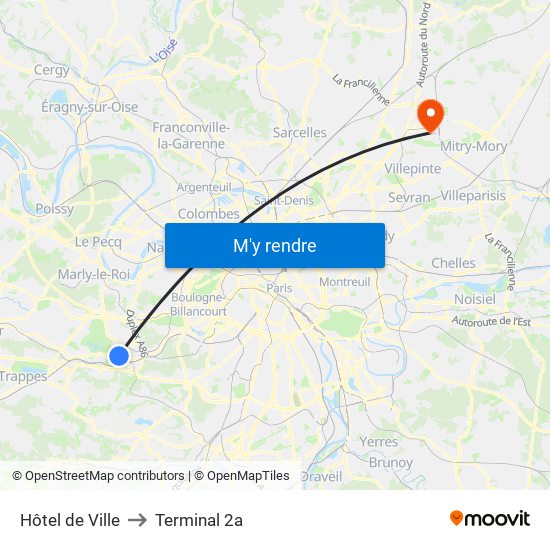 Hôtel de Ville to Terminal 2a map