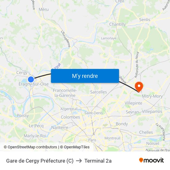 Gare de Cergy Préfecture (C) to Terminal 2a map