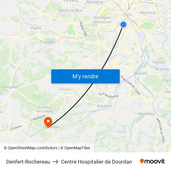 Denfert-Rochereau to Centre Hospitalier de Dourdan map