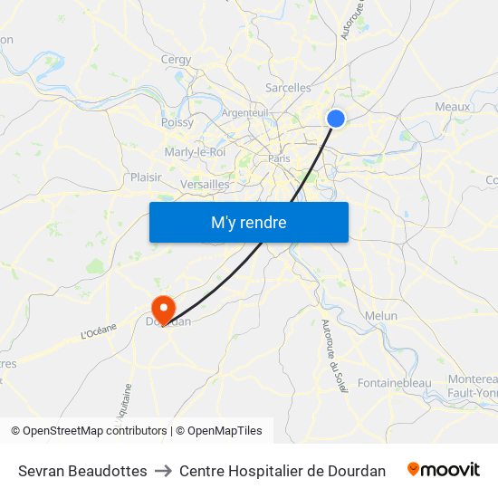 Sevran Beaudottes to Centre Hospitalier de Dourdan map