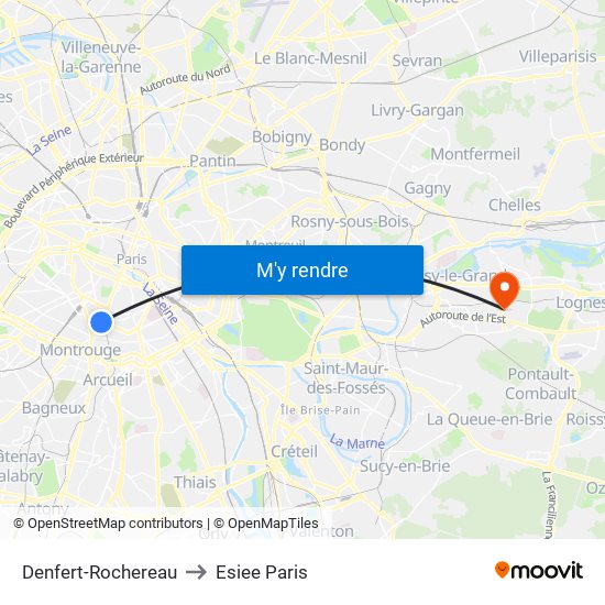 Denfert-Rochereau to Esiee Paris map