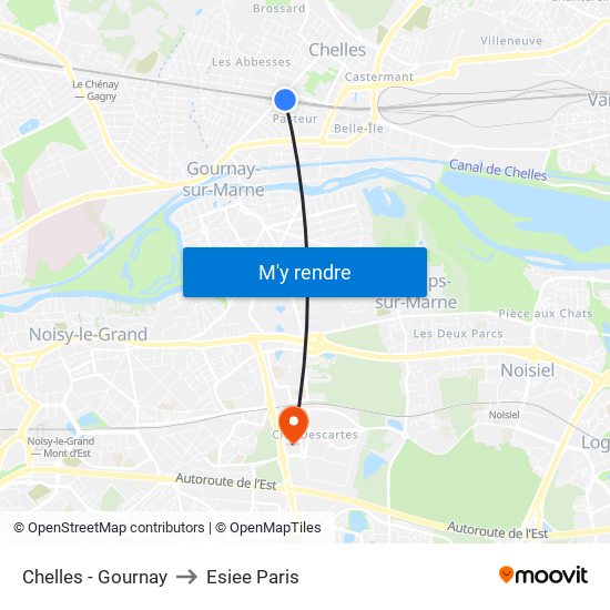 Chelles - Gournay to Esiee Paris map
