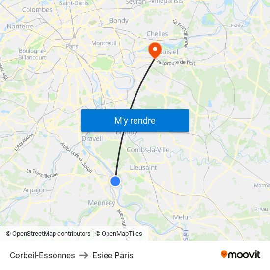 Corbeil-Essonnes to Esiee Paris map