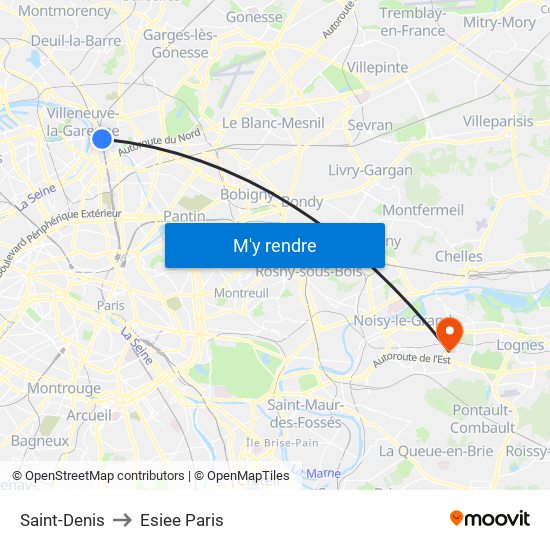 Saint-Denis to Esiee Paris map