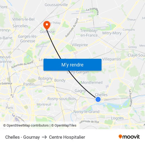 Chelles - Gournay to Centre Hospitalier map