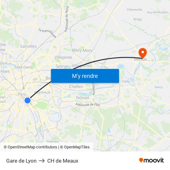 Gare de Lyon to CH de Meaux map