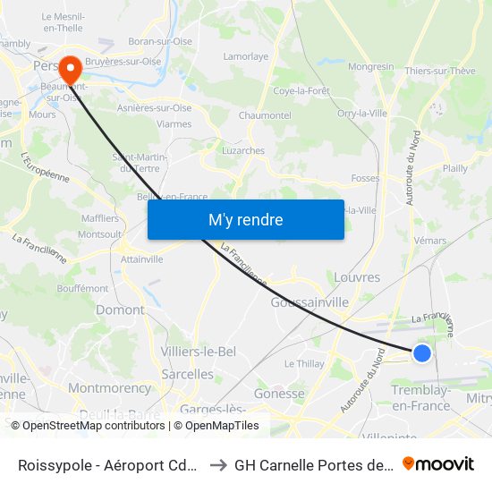 Roissypole - Aéroport Cdg1 (E2) to GH Carnelle Portes de l'Oise map