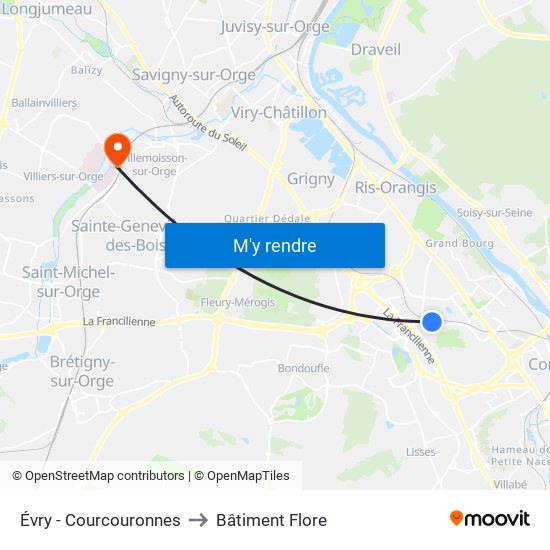 Évry - Courcouronnes to Bâtiment Flore map