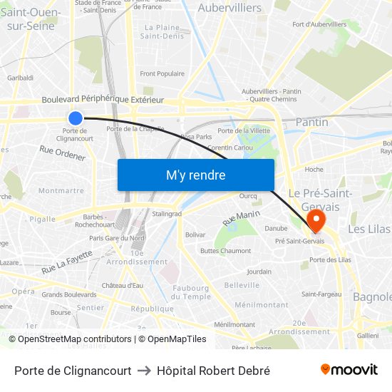 Porte de Clignancourt to Hôpital Robert Debré map