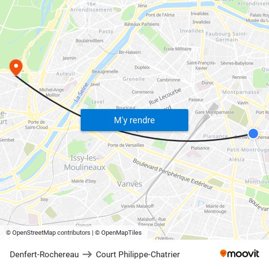 Denfert-Rochereau to Court Philippe-Chatrier map