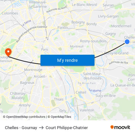 Chelles - Gournay to Court Philippe-Chatrier map