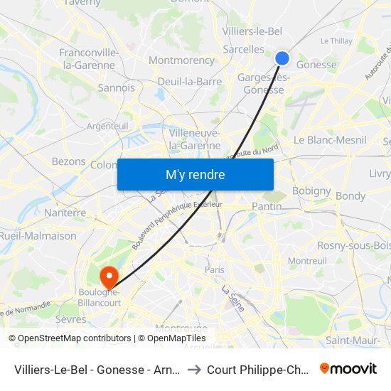 Villiers-Le-Bel - Gonesse - Arnouville to Court Philippe-Chatrier map