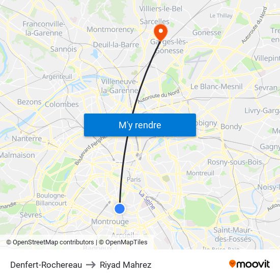 Denfert-Rochereau to Riyad Mahrez map