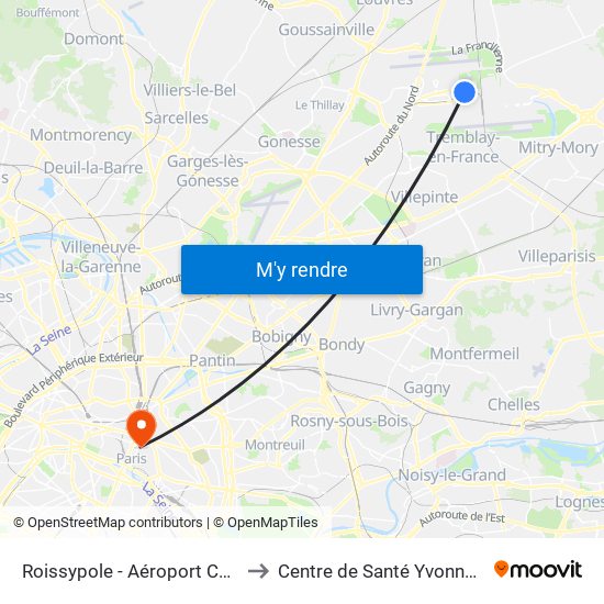 Roissypole - Aéroport Cdg1 (E2) to Centre de Santé Yvonne Pouzin map