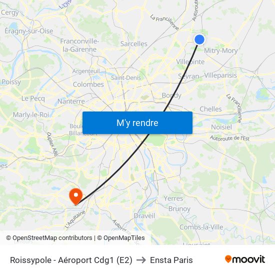 Roissypole - Aéroport Cdg1 (E2) to Ensta Paris map