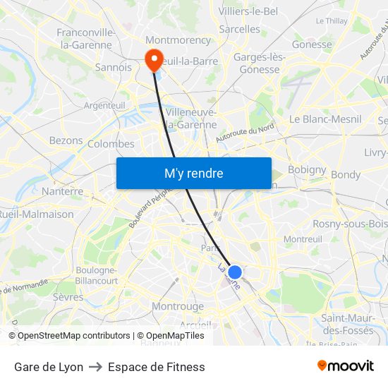 Gare de Lyon to Espace de Fitness map