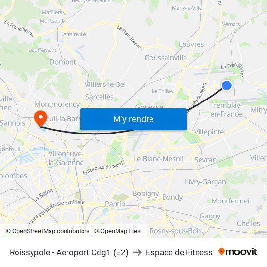 Roissypole - Aéroport Cdg1 (E2) to Espace de Fitness map