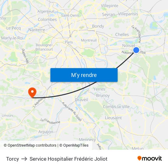 Torcy to Service Hospitalier Frédéric Joliot map