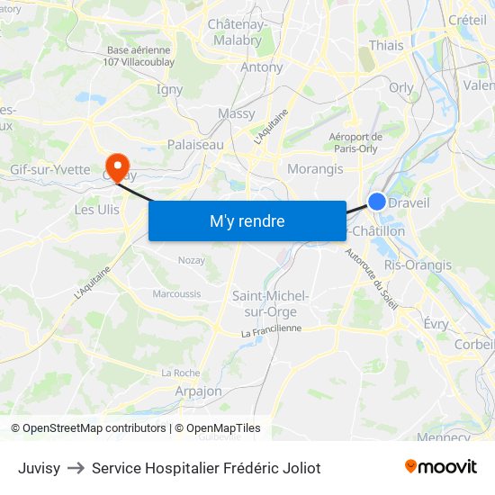 Juvisy to Service Hospitalier Frédéric Joliot map