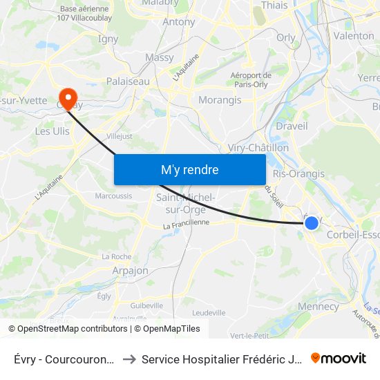 Évry - Courcouronnes to Service Hospitalier Frédéric Joliot map