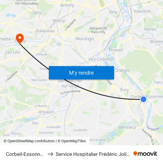 Corbeil-Essonnes to Service Hospitalier Frédéric Joliot map